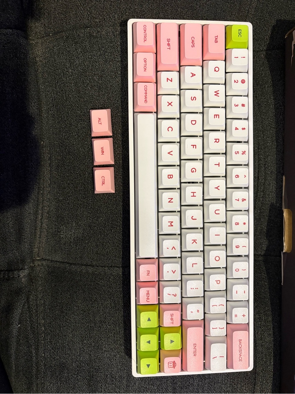 Custom Pink and White Mechanical Keyboard with Green Accent Keycaps